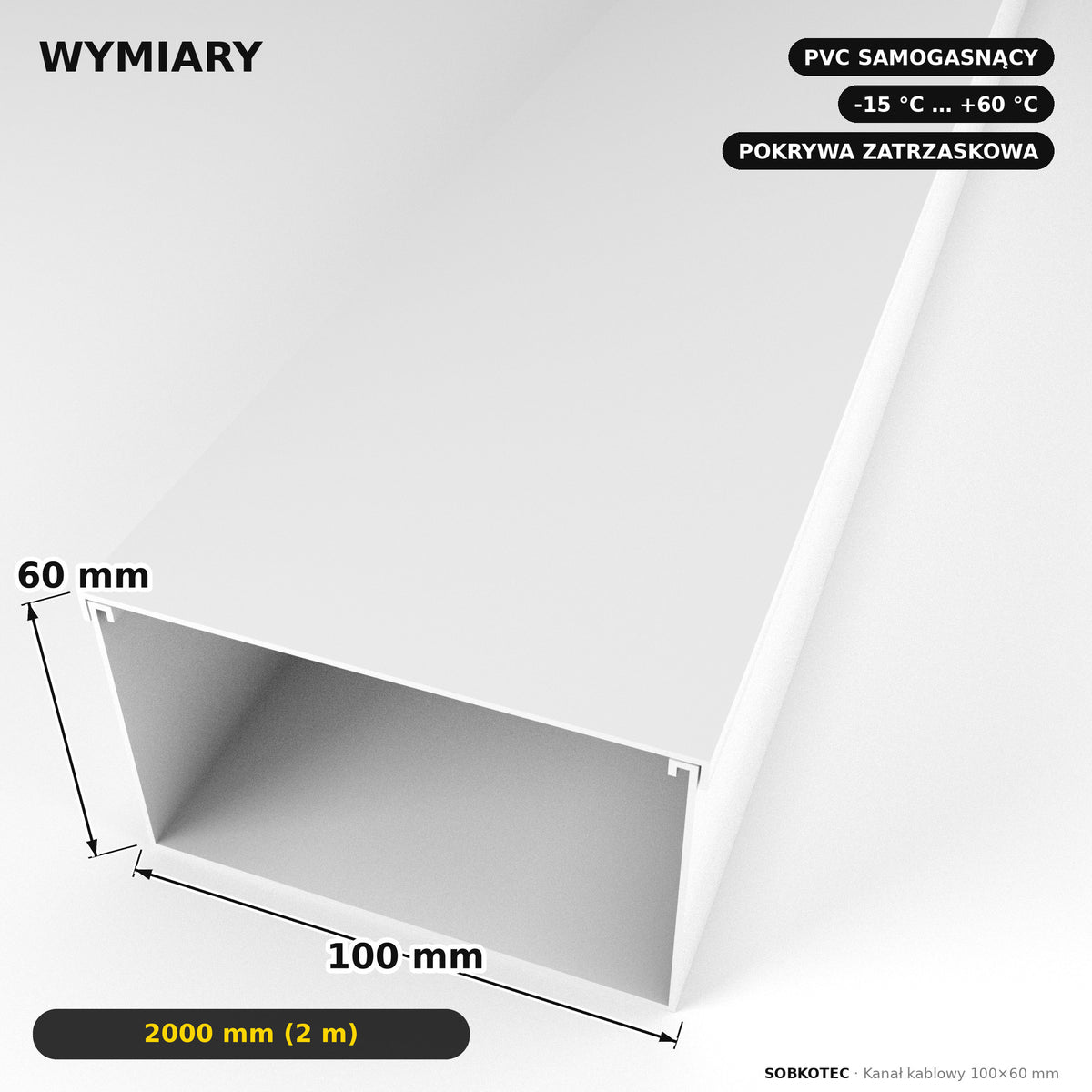 Korytko kablowe białe, kanał kablowy SobkoTEC 100x60mm 2m — kable schowane, ściana czysta