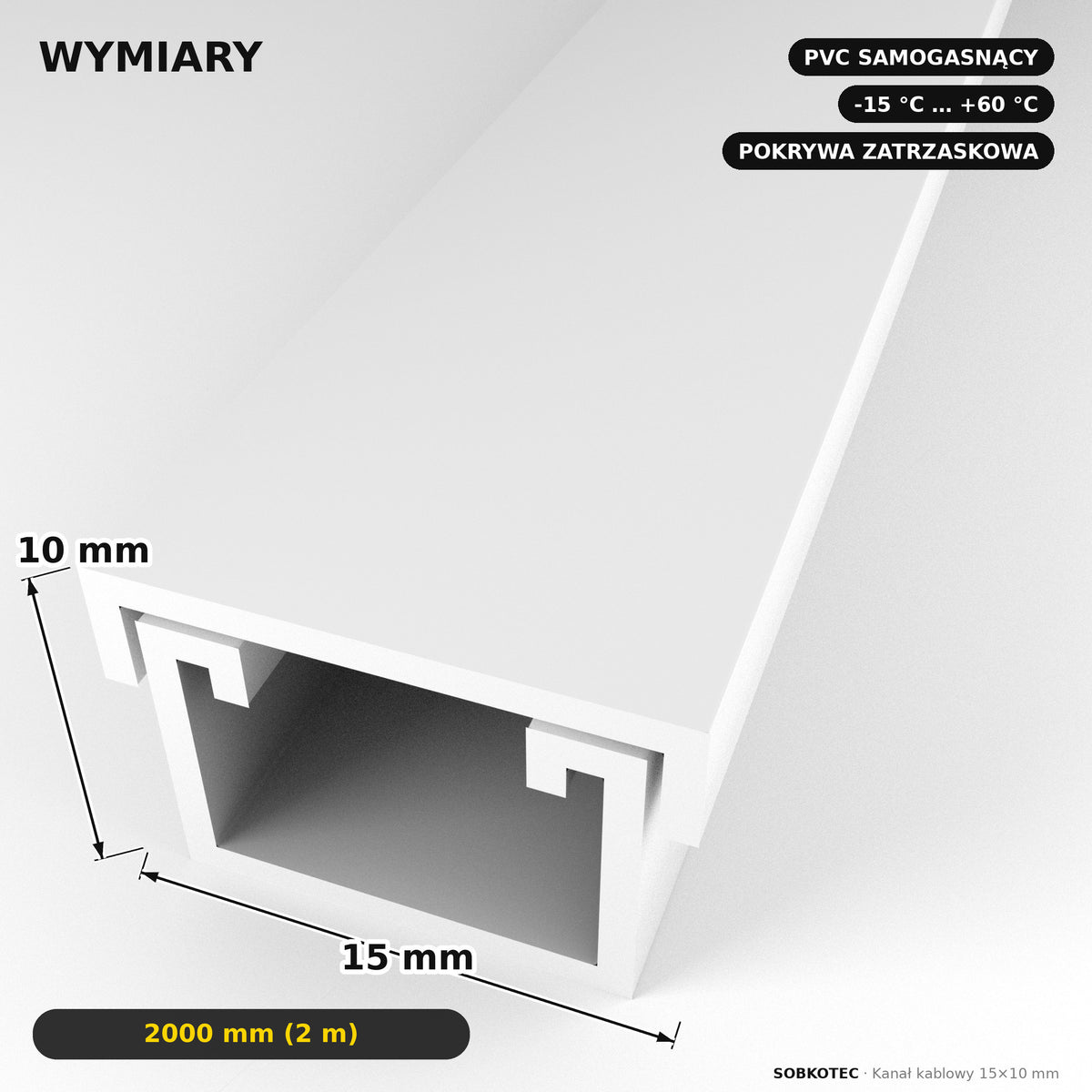 Korytko kablowe białe, kanał kablowy SobkoTEC 15x10mm 2m — kable schowane, ściana czysta