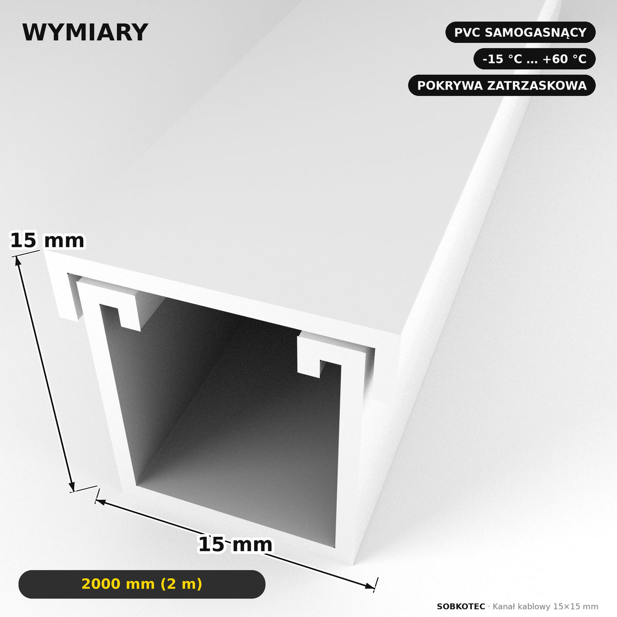 Korytko kablowe białe, kanał kablowy SobkoTEC 15x15mm 2m — kable schowane, ściana czysta