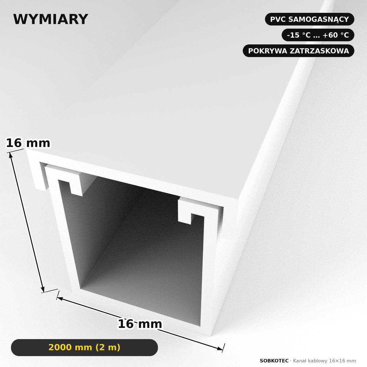Korytko kablowe białe, kanał kablowy SobkoTEC 16x16mm 2m — kable schowane, ściana czysta