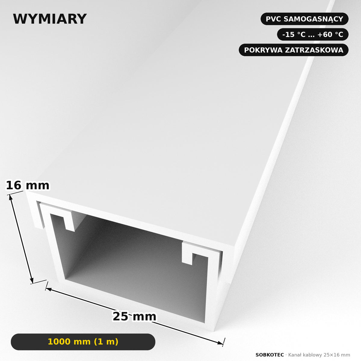 Korytko kablowe białe, kanał kablowy SobkoTEC 25x16mm 1m — kable schowane, ściana czysta