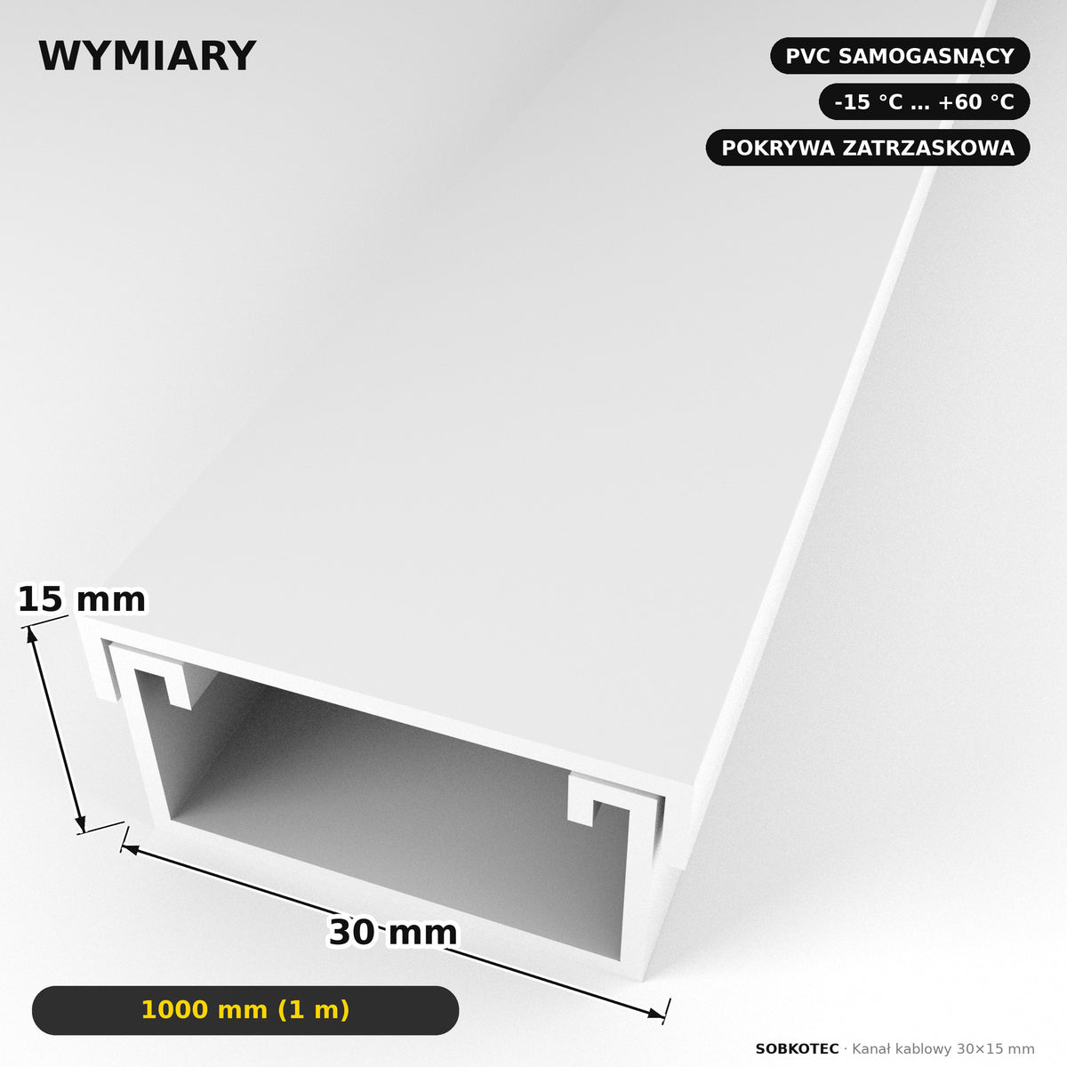 Korytko kablowe białe, kanał kablowy SobkoTEC 30x15mm 1m — kable schowane, ściana czysta