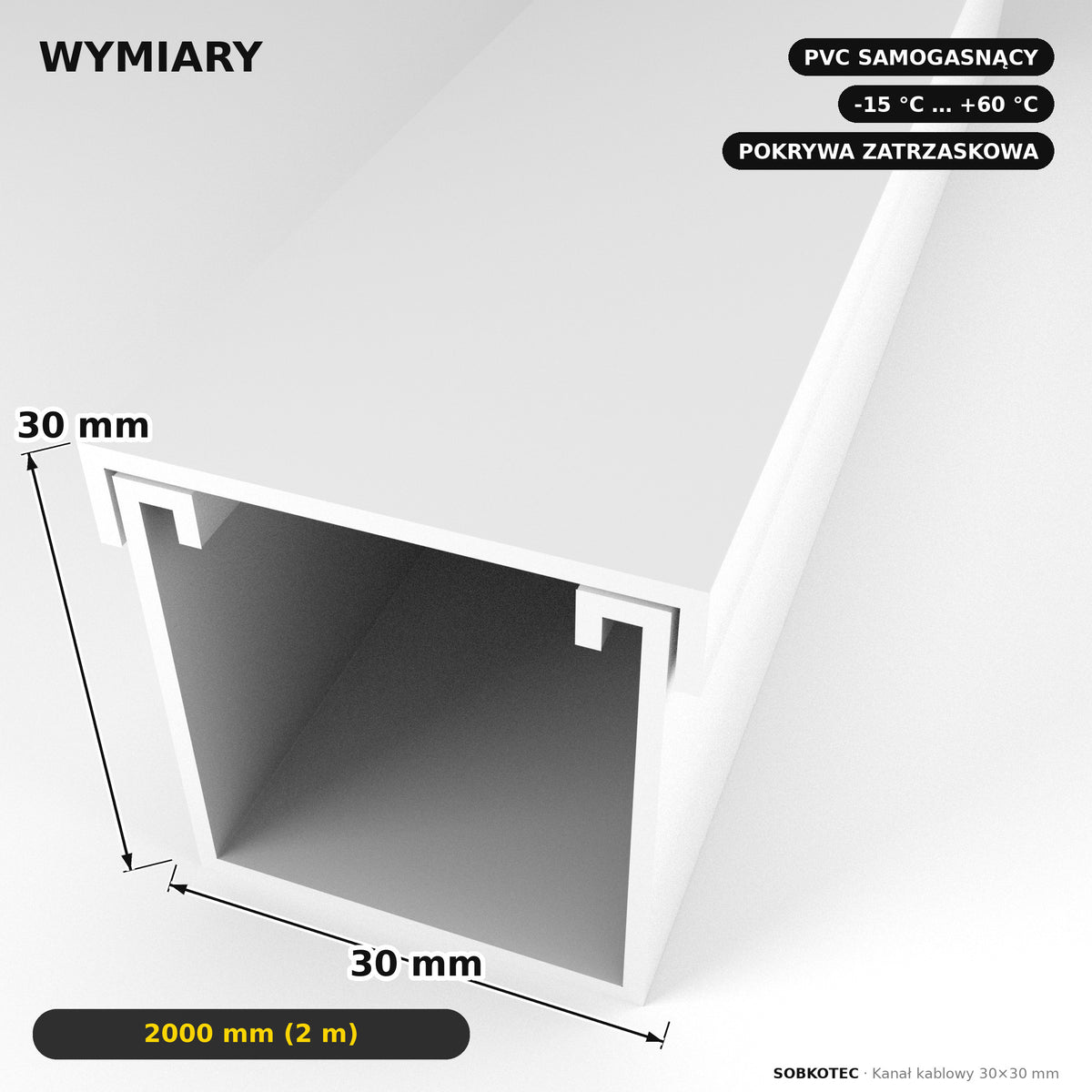 Korytko kablowe białe, kanał kablowy SobkoTEC 30x30mm 2m — kable schowane, ściana czysta