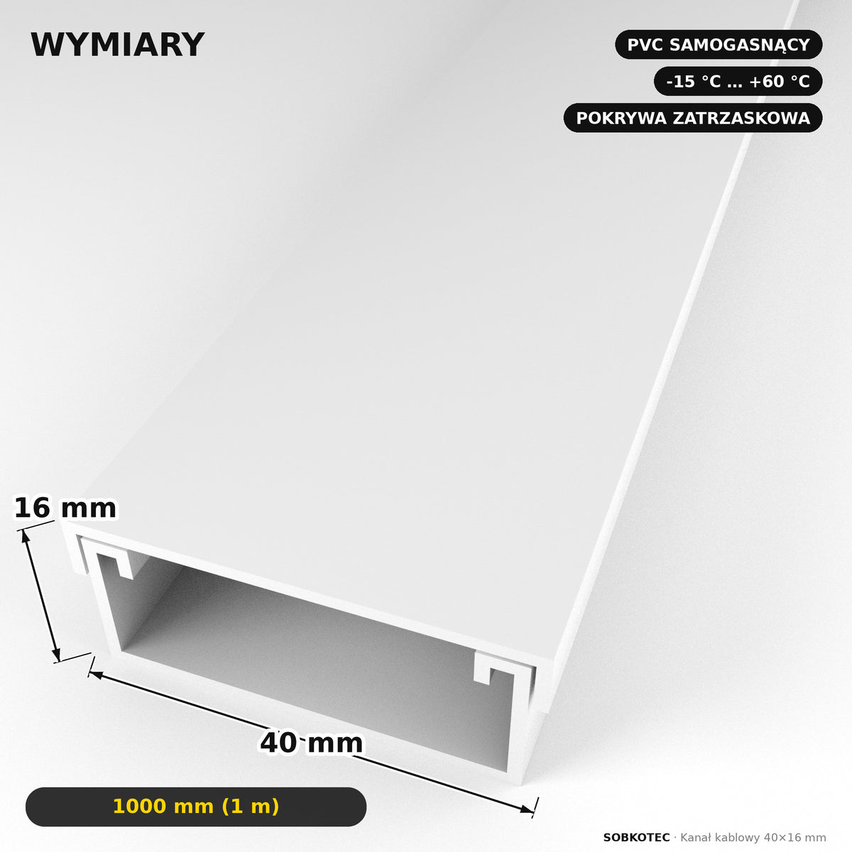 Korytko kablowe białe, kanał kablowy SobkoTEC 40x16mm 1m — kable schowane, ściana czysta